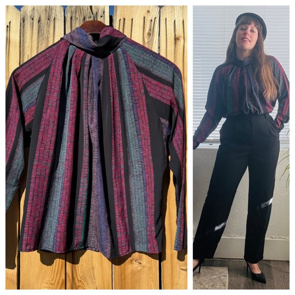 Vintage Blouse 80s Jordan Dark Striped Batwing Secretary Blouse | Size L/XL - Picture 1 of 15